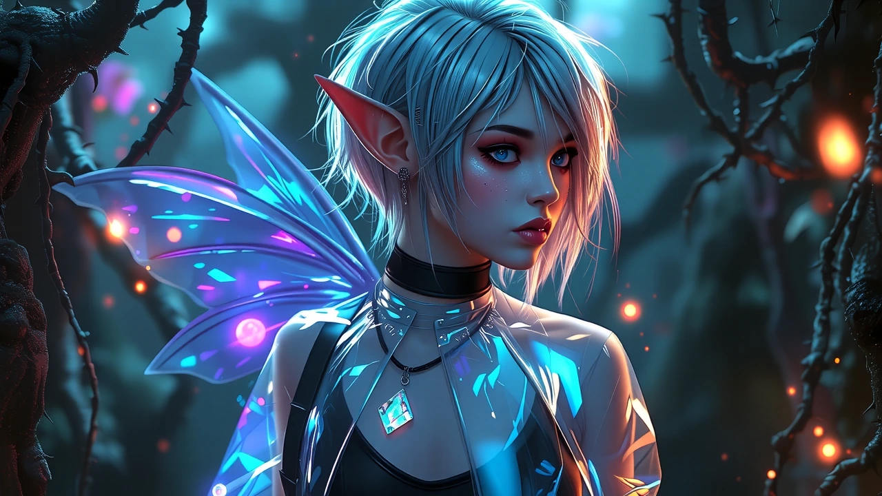 side view portait, A stunning goth waifu pixie woman, 25yo, with vibrant silver hair and thick eye makeup, detailed hair is messy and her complexion p