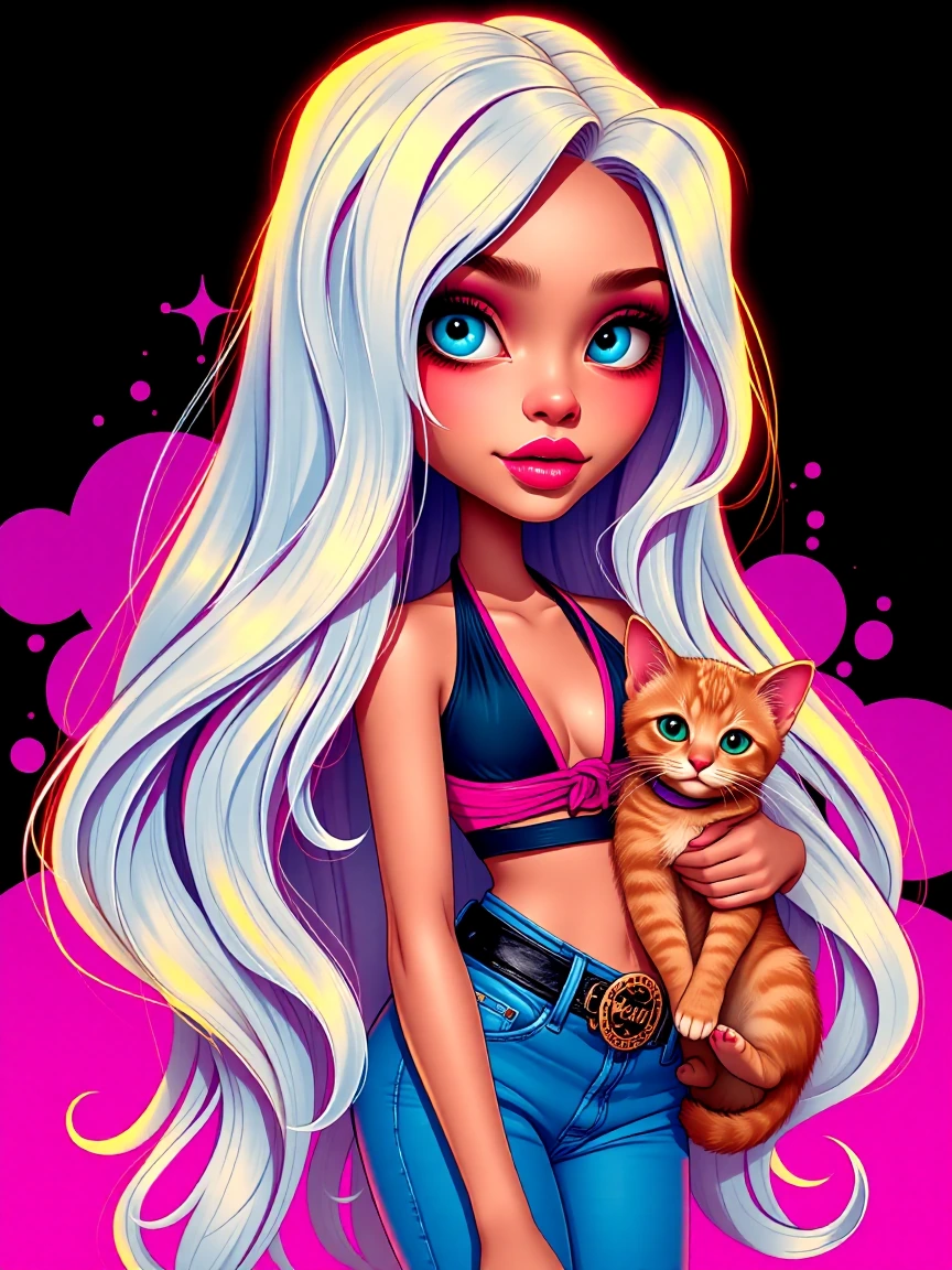 Cute woman, long silky white hair, big head and big eyes, small body, cute caricature style, 70s bell bottom jeans and a halter top, neon colors. With a cat.
