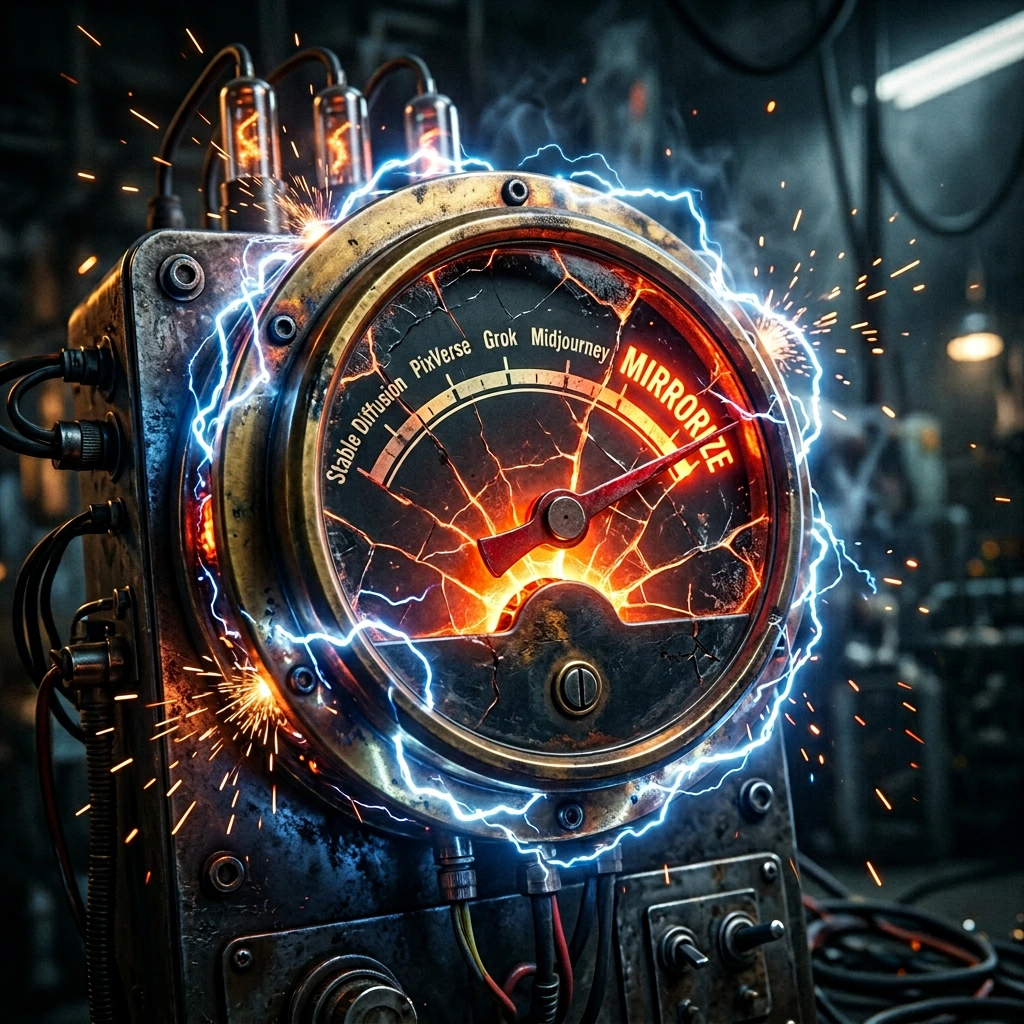 A retro-futuristic analog quality meter gauge, close-up product shot on a dark background. The circular dial face has labels along the arc reading from low to high: 'Stable Diffusion', 'PixVerse', 'Grok', 'Midjourney', and at the maximum position 'MI