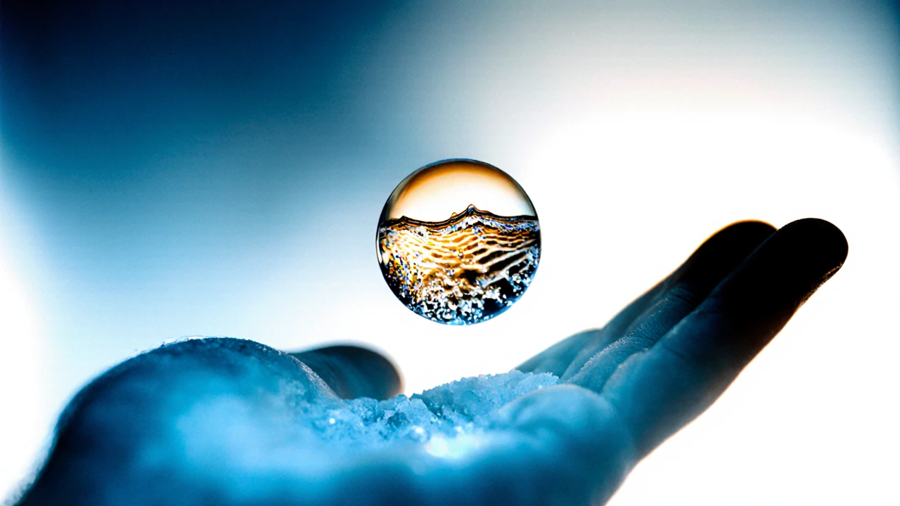 A teaspoon of seawater held in someone's open palm, sunlit from behind so it glows translucent amber-gold, tiny waves and ripples visible at macro sca