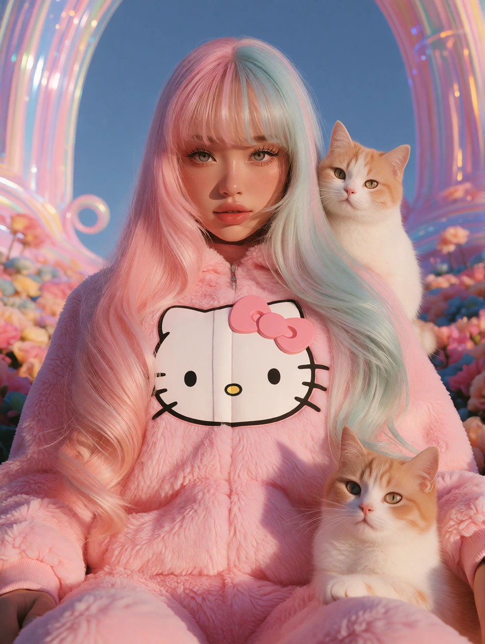 Woman pastel hair in a hello Kitty jumpsuit. With her cat. Otherworldly background.