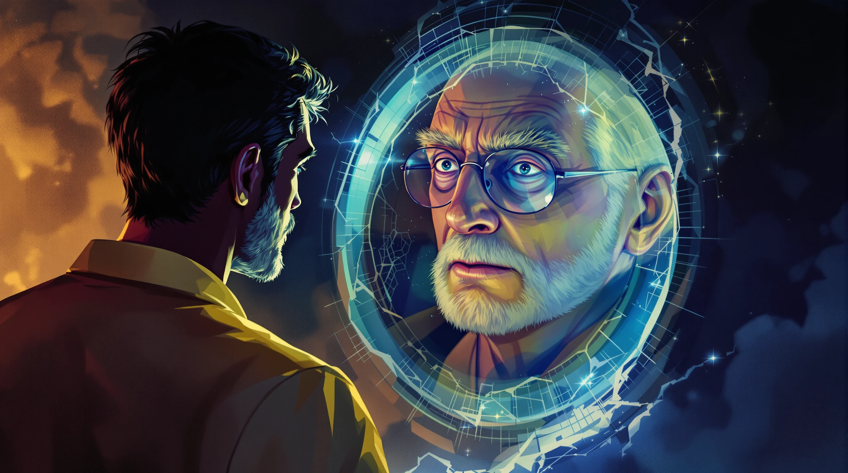 a man gazing into a mirror or portal, seeing his older self reflected back, cinematic lighting with dramatic shadows, warm and cool tones contrasting past and future, surreal atmosphere, deep depth of field, contemplative mood, illustration style wit