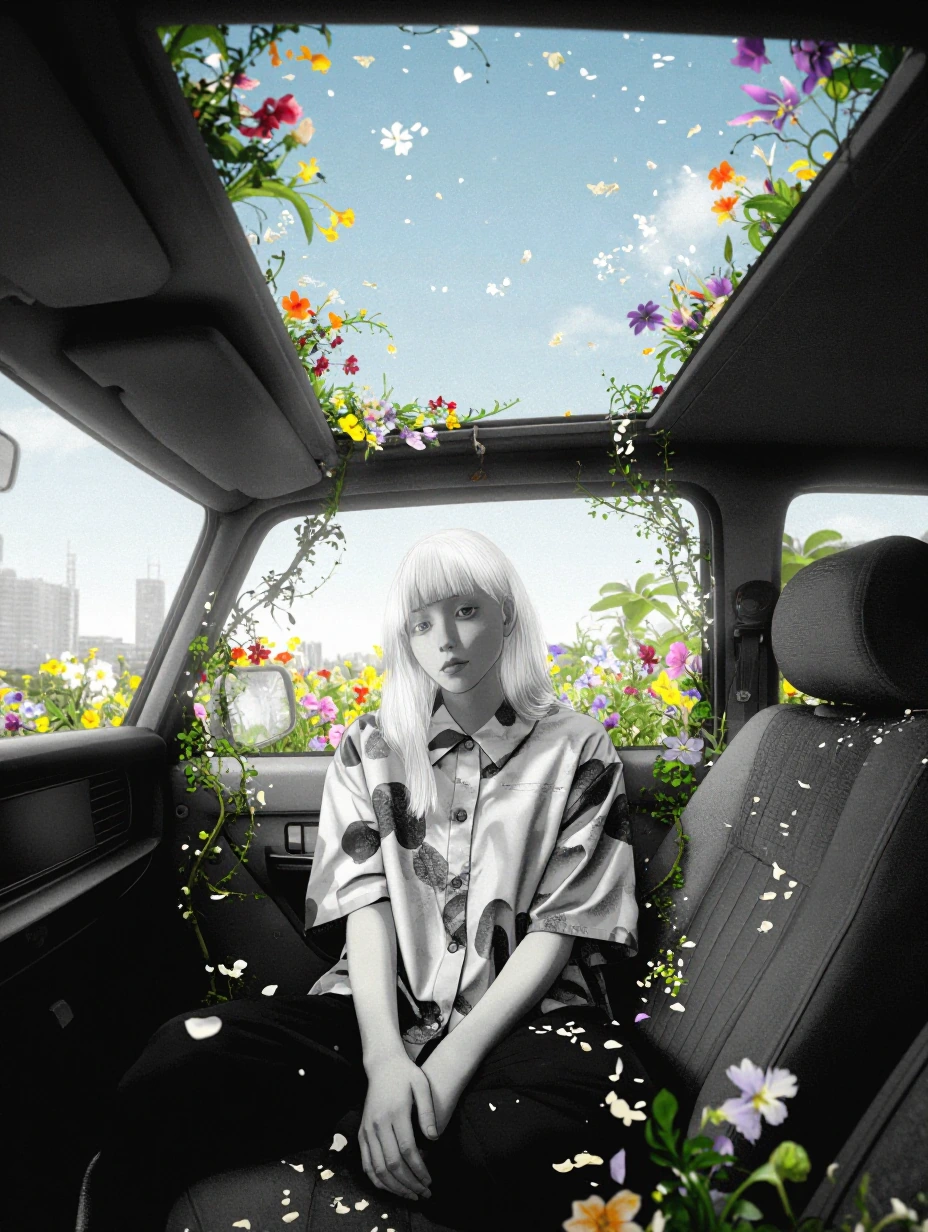 A stunning interior view of a vintage car overflowing with a lush, chaotic garden of vibrant wildflowers and winding green vines. Seated amidst the bl