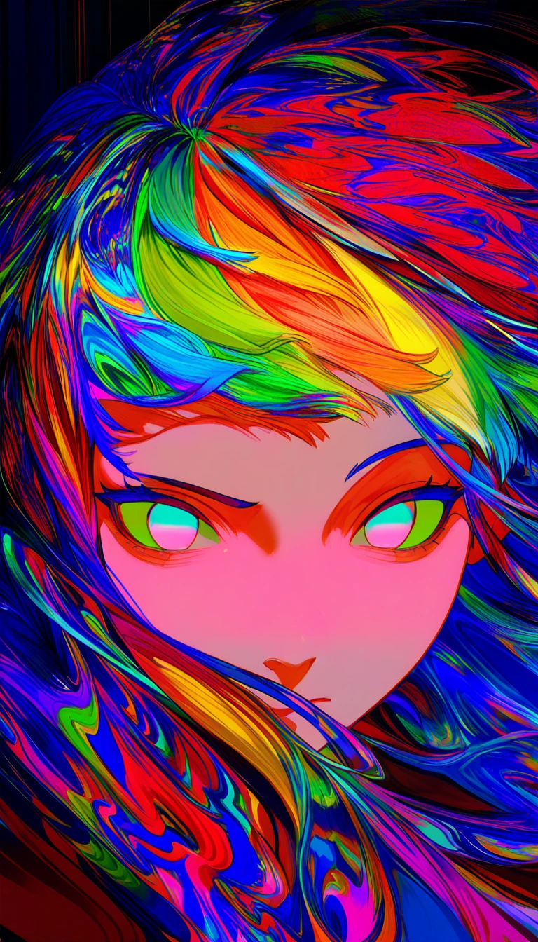 1girl, rainbow hair, multicolored hair, looking at viewer, colorful, no pupils, abstract background, swirling, floating hair, raised eyebrow, masterpi