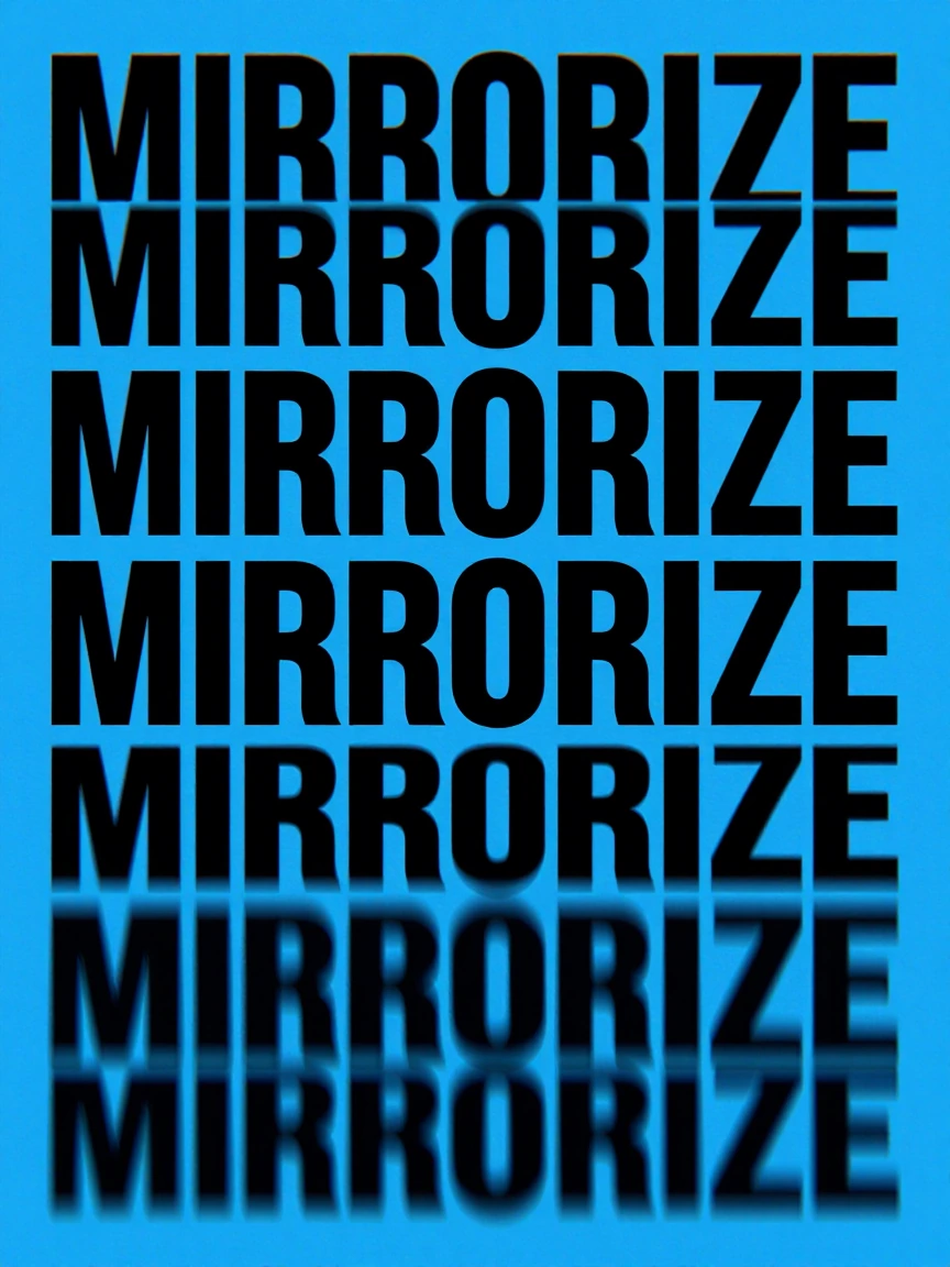 A striking typographic poster with the text 'MIRRORIZE' in bold, condensed sans-serif typography like Futura Bold Condensed, black letters on a vibrant electric blue background. The word is repeated multiple times stacking downward with increasing mo
