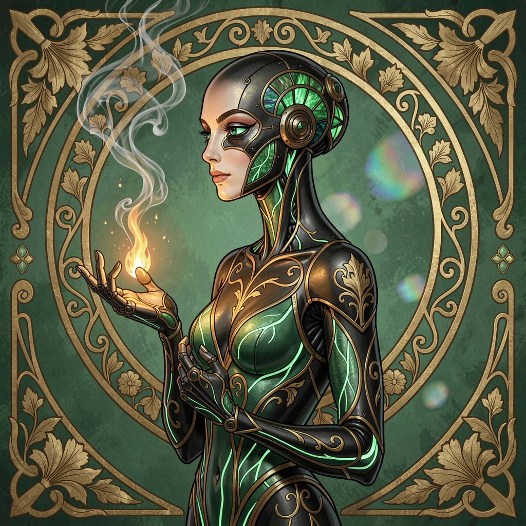 A refined Art Nouveau–inspired female android rendered as a living machine of elegance and ornamentation. The figure is shown in side profile with a serene, contemplative expression. Her body is composed of sleek black and deep emerald surfaces engra