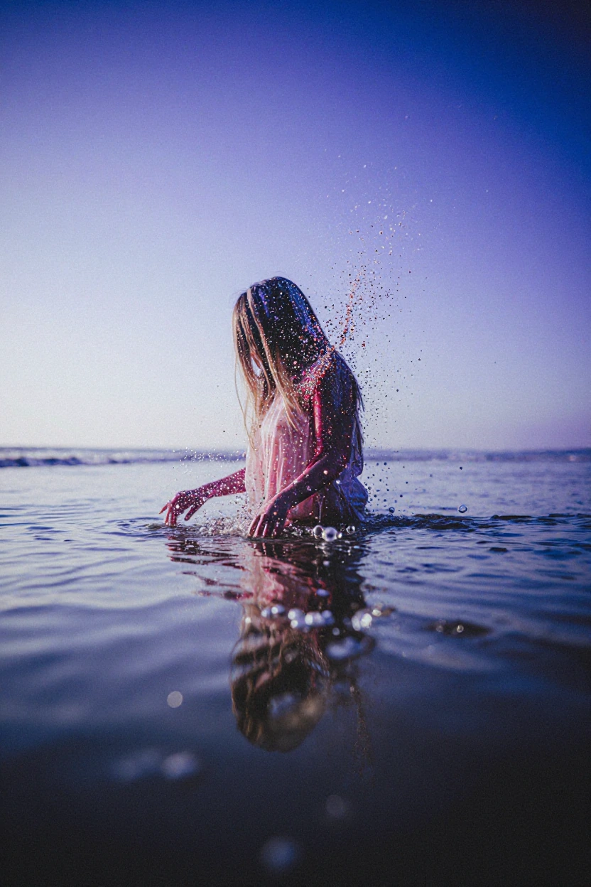 Twilight shoreline where retreating tide leaves translucent human figures dissolving into sea foam—ghostly hands reaching from shallow water, fragmenting into luminous bubbles. Bioluminescent particles drift upward like freed memories. Soft gradient