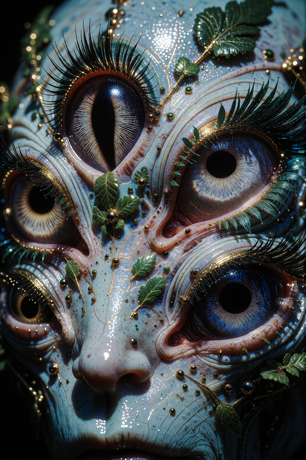 Alien head filling the entire frame, skin a translucent pale blue-grey with bioluminescent veins pulsing beneath the surface. Six eyes arranged asymme