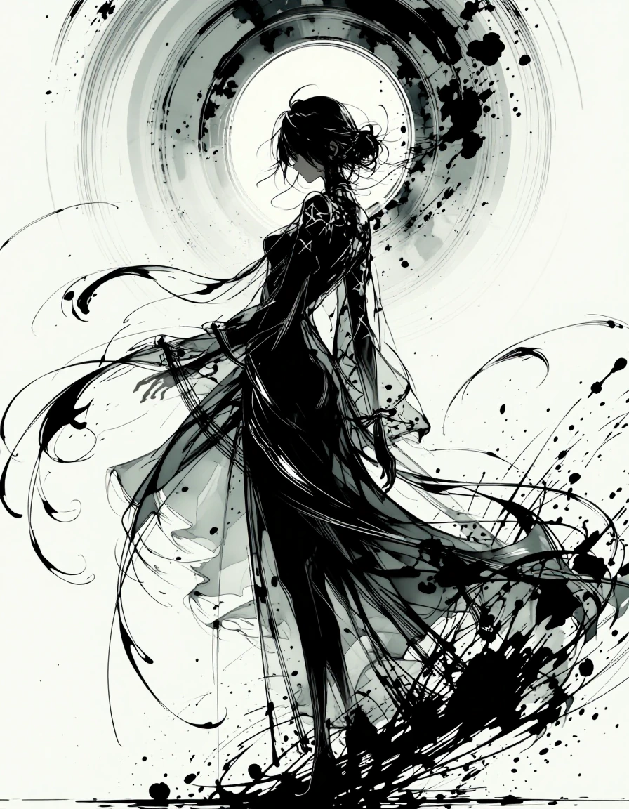 A dynamic illustration featuring a female figure depicted in an elegant, artistic style. The subject stands with her back turned, showcasing flowing long hair and a confident posture. She is set against a minimalist background, emphasizing a soft whi