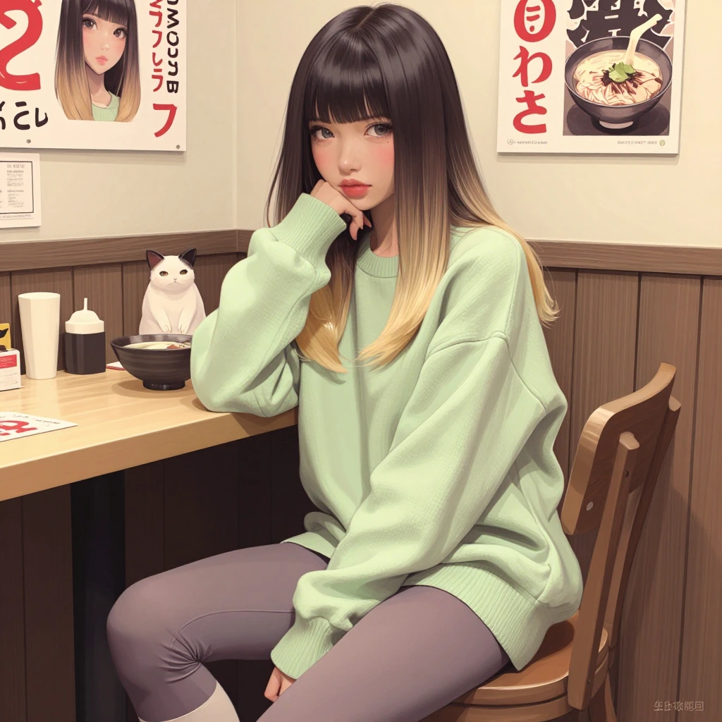A beautiful woman with long straight ombre hair in springtime colors, at a ramen cafe with a cat, watercolor manga style, beautiful pose. Oversized sweater and leggings.