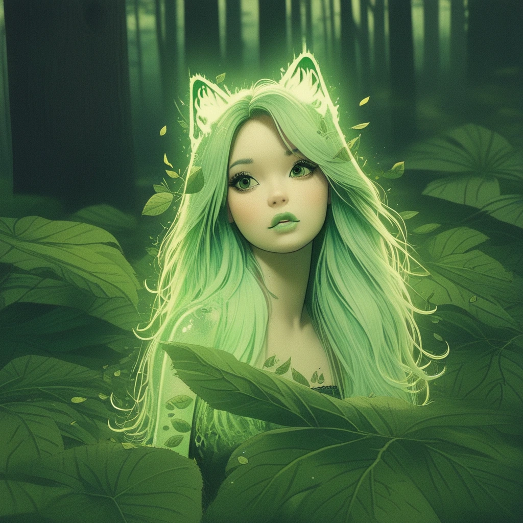 Female forest spirit, beautiful, iridescent, pale green lips, beautiful long hair made out of green leaves, green eyes, with a forest cat made out of leaves, beautiful forest background, 3-D realistic manga, airbrushed, beautiful pose, mini dress mad