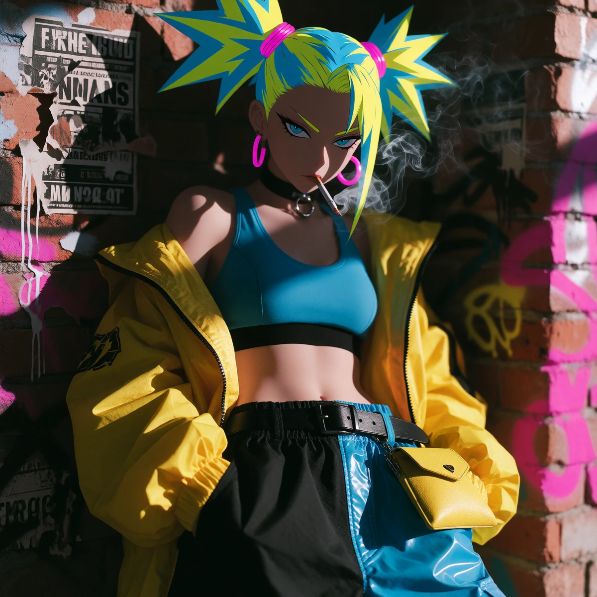 Shot on Sony A7R V with 50mm f/1.2 lens, f/1.4 aperture. Hard directional key light at 45 degrees (5500K LED panel) raking across exposed brick, casting sharp shadows. Fill light from opposite side at half intensity. Practical neon gels (yellow, cyan