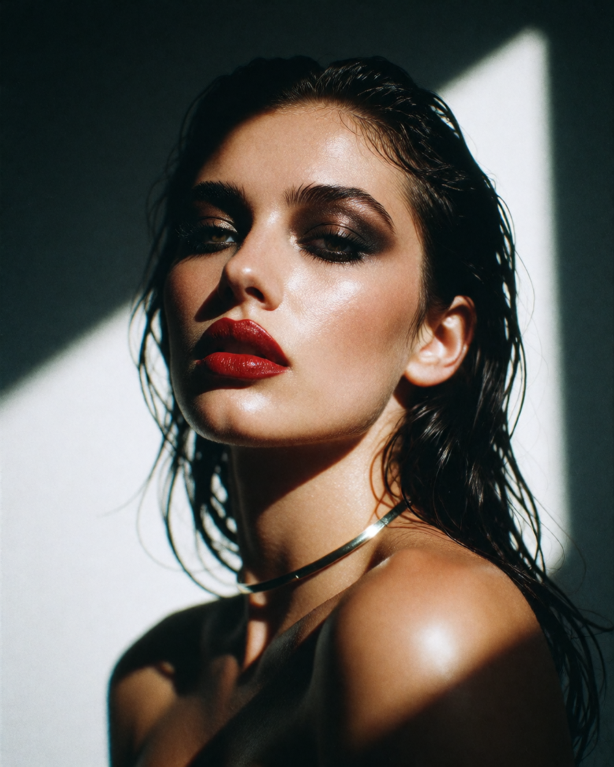 Portrait of a young woman with wet, dark, glossy hair slicked back and framing her face, strands clinging to forehead and cheeks. She has fair skin wi