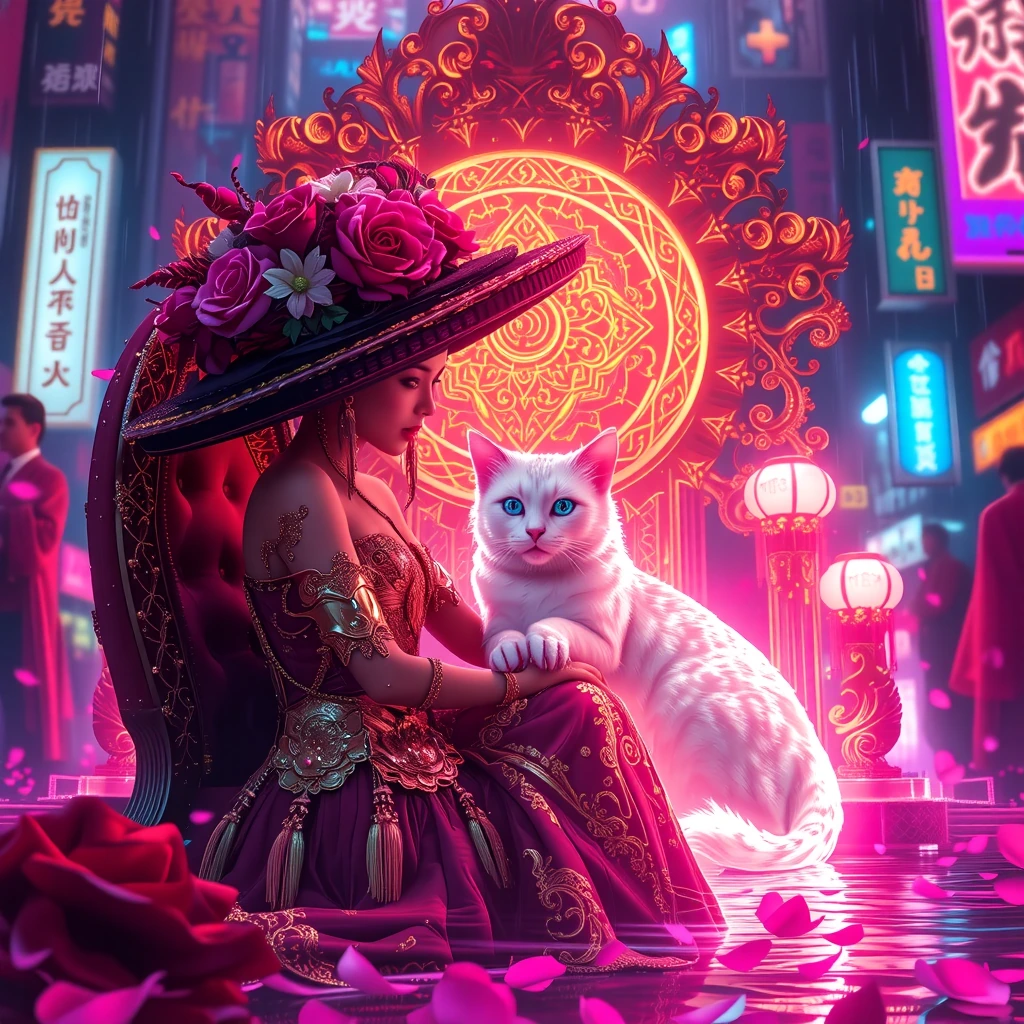 Ethereal woman in colossal black rose hat and golden baroque gown, seated on crimson throne beside luminous sapphire-eyed white cat, neon koi pond Tokyo fusion with floating iridescent petals, swirling golden filigree, bioluminescent cyan-magenta-vio