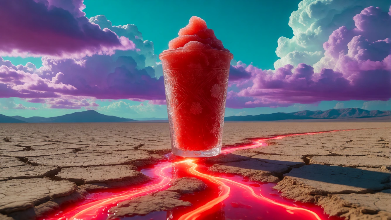 A massive, towering red slushy in an ornate glass, standing in the middle of a vast, barren desert. The slushy melts and flows into glowing, vibrant red rivers across the cracked earth. The sky is a surreal, intense shade of teal and violet with dram