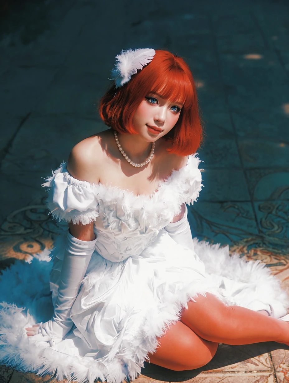 masterpiece, best quality, 1girl, solo, Princess Elise illustration style, pcsels aesthetic, vibrant red hair with short swept bangs, bright blue eyes gleaming with warmth, delicate feather hair ornament catching light, lustrous pearl necklace adorni