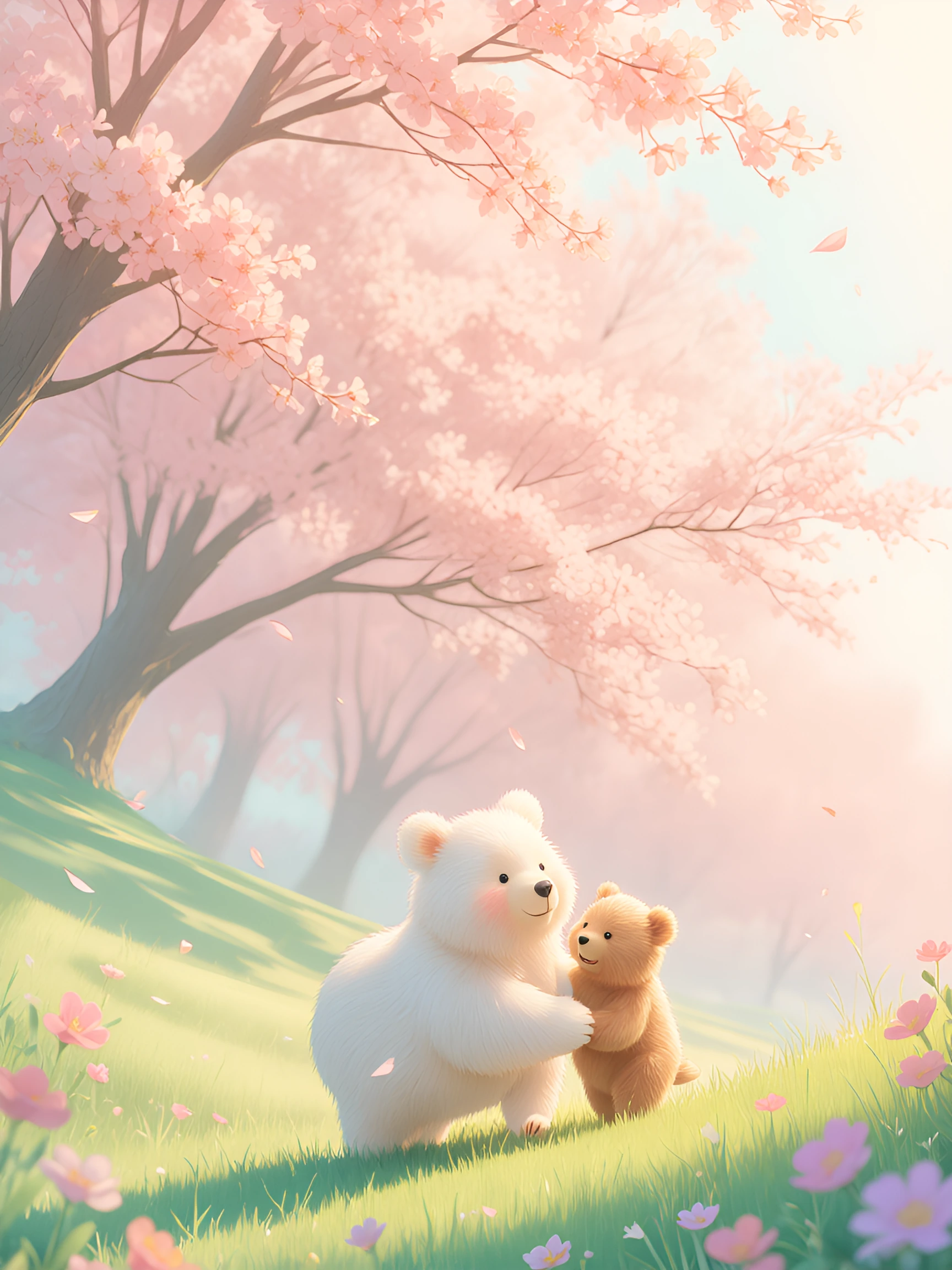 two bear cubs at first light, anime-photorealistic blend, cel-shaded with soft realistic textures, springtime setting with cherry blossoms and pastel flowers, golden hour morning light, soft pastel color palette of blush pink, mint green, pale yellow