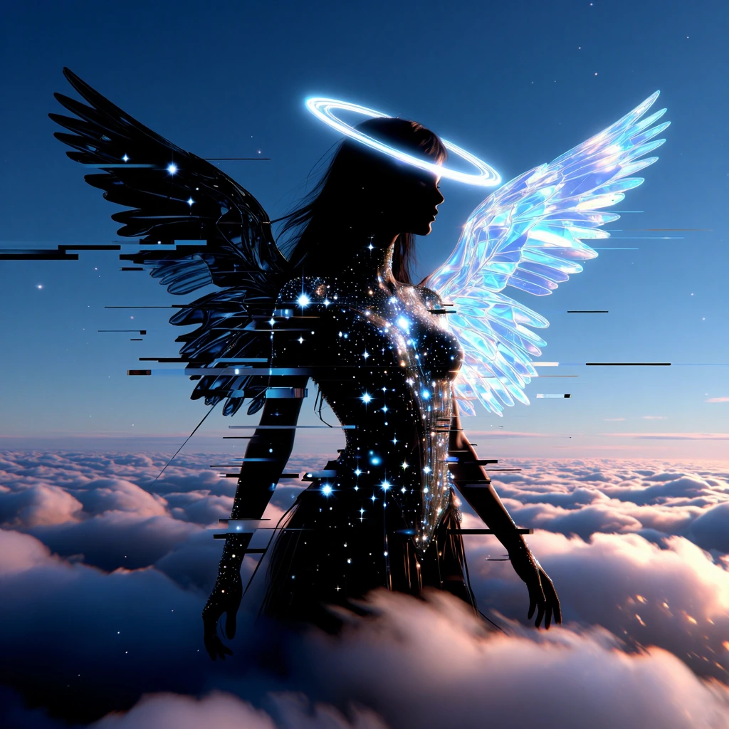 A celestial figure emerges against a twilight blue sky, their silhouetted head crowned with a glowing Saturn ring halo. Translucent iridescent wings o