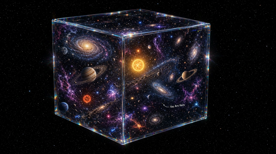 Render a transparent crystalline cube floating alone in the infinite void of deep space, surrounded only by a vast field of distant stars and absolute darkness. Inside the glass box, an entire miniature universe thrives — swirling spiral and elliptic