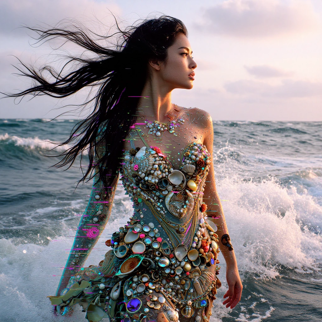 A wind-swept siren emerging from churning sea spray, hair and dress billowing in violent gusts, her face caught mid-gaze toward distant horizon. Her gown encrusted with iridescent shells, mother-of-pearl, and corroded bronze barnacles that catch neon