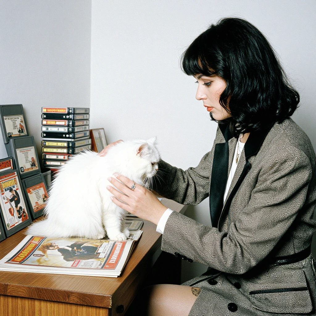 A elegantly dressed woman in a 1980s-inspired outfit sits at a wooden desk surrounded by stacked retro game cartridges, gently petting a fluffy white Persian cat that's perched on a stack of gaming magazines.