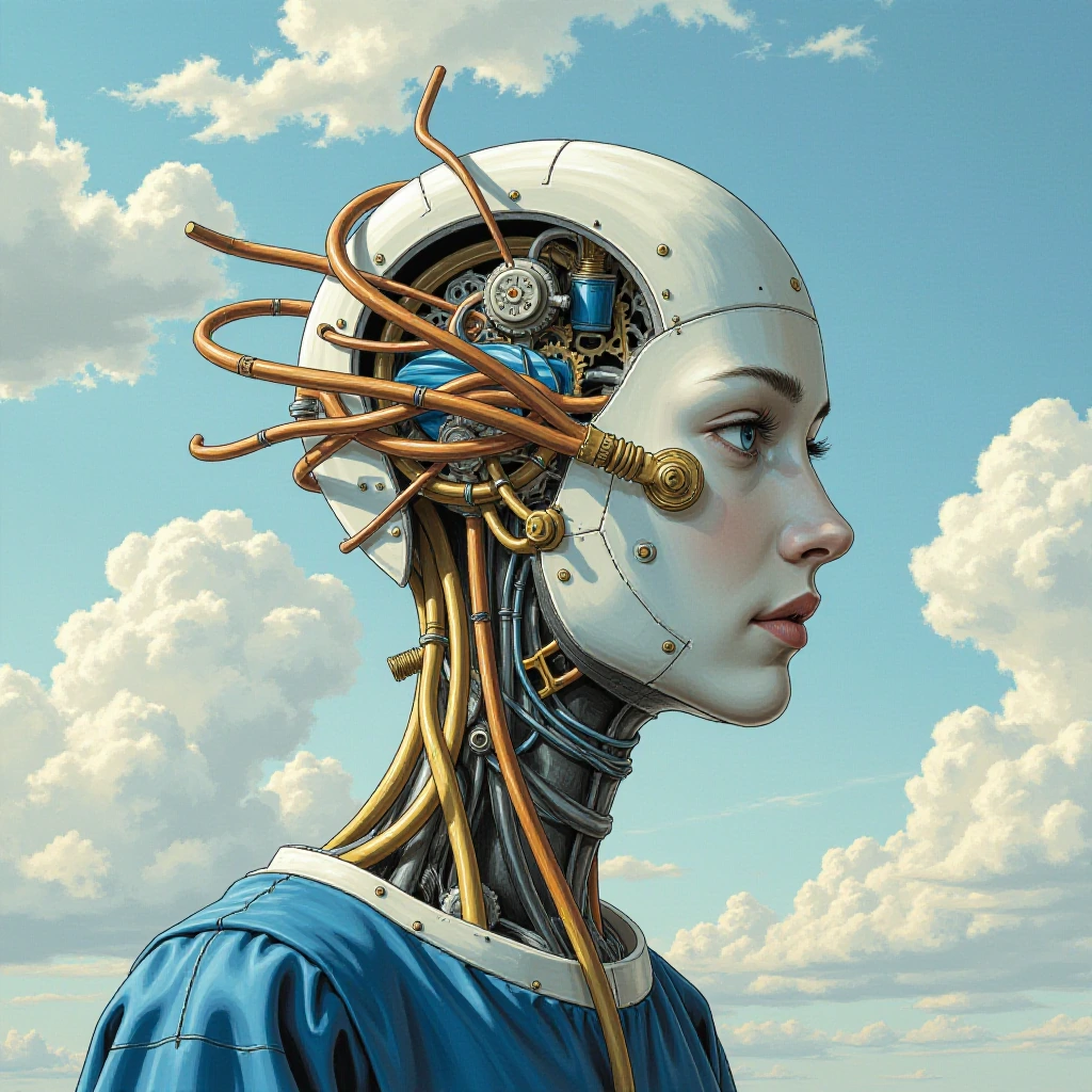 This striking artwork depicts a mechanical android head in profile against a serene, clouded sky. The figure's pale, sculpted face contrasts sharply with exposed brass machinery and blue-painted mechanisms visible within the cranium. Copper wires and