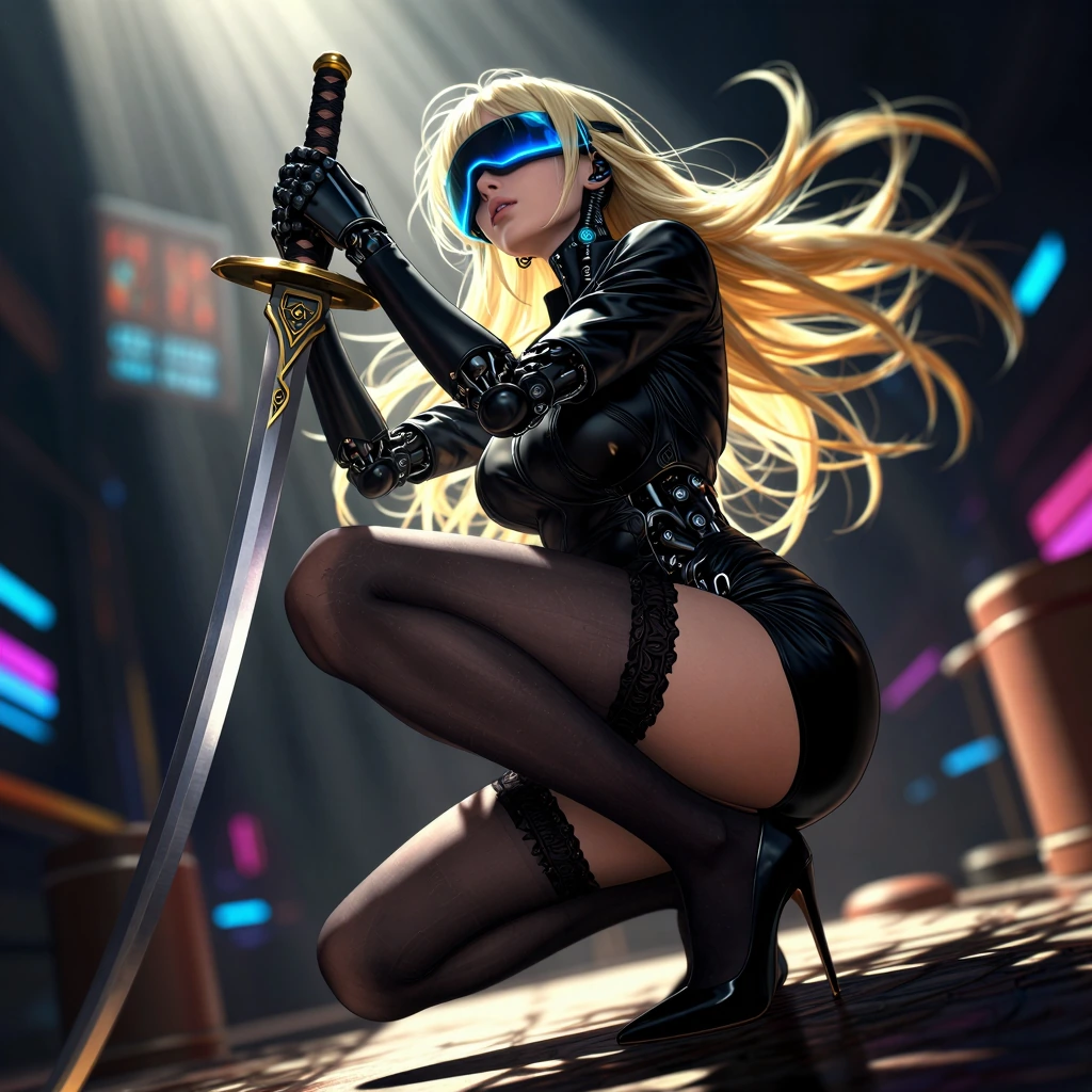 Masterpiece 8k ultra-detailed cyberpunk portrait, solo blonde girl with very long flowing hair, mechanical cyborg body with sleek robot joints and prosthetic arms, wearing black fitted jacket and sheer black pantyhose with high stiletto heels, holdin