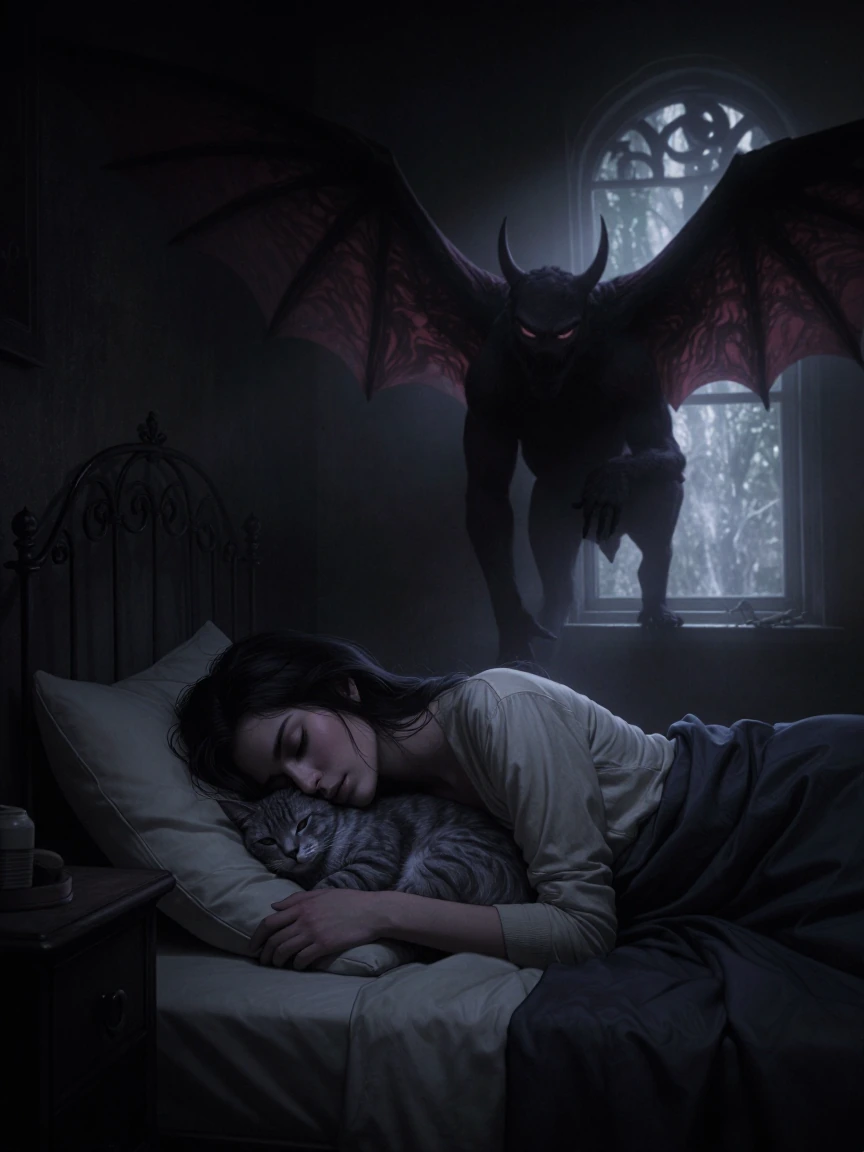 A woman nearly asleep in a dark bedroom, her cat nestled against her pillow, eyes closing as she drifts off. Mothman's massive winged silhouette presses against the window just behind her head, his glowing eyes piercing through the darkness, impossib