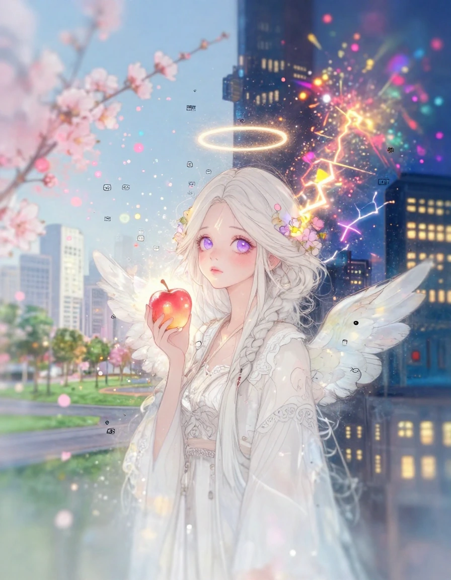 { "image_analysis": { "apple": { "appearance": "reflective", "content": { "left_side": { "view": "cityscape during the day" }, "right_side": { "view":