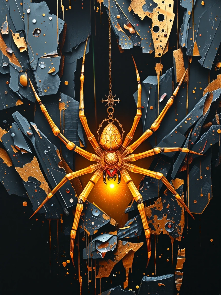 An original giant black canvas with a golden spider cave no watermarks