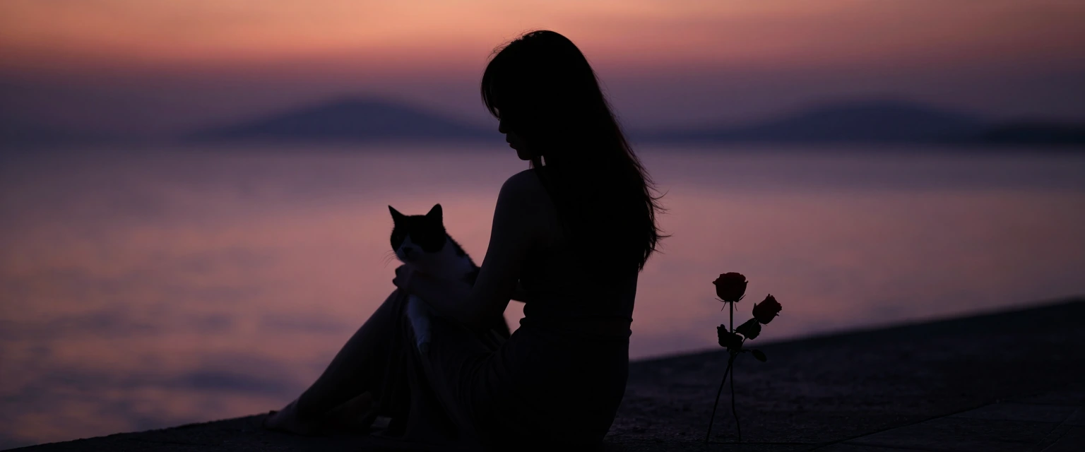 Silhouette of a woman with her cat, relaxing, and roses, ocean, darkness