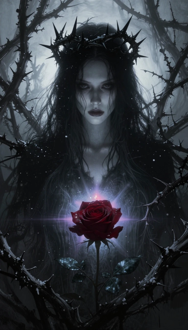 A hyper-realistic cinematic portrait of a pale gothic woman with long, messy dark hair, wearing a crown of thick, sharp black thorns. She is surrounded by dense, tangled briars and thorns. In the foreground, a single deep red rose stands out vividly