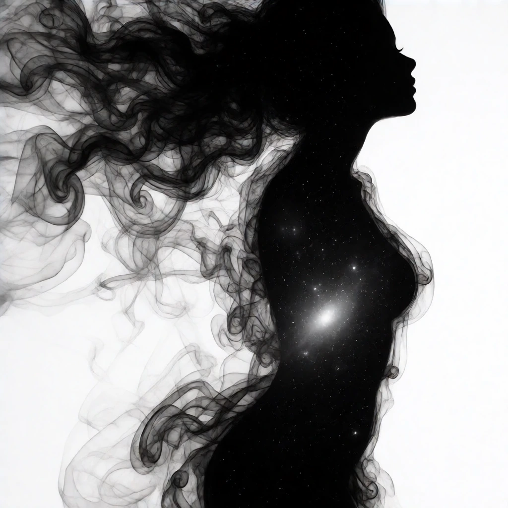 black smoke swirling in the shape of woman star galaxy inside smoke
