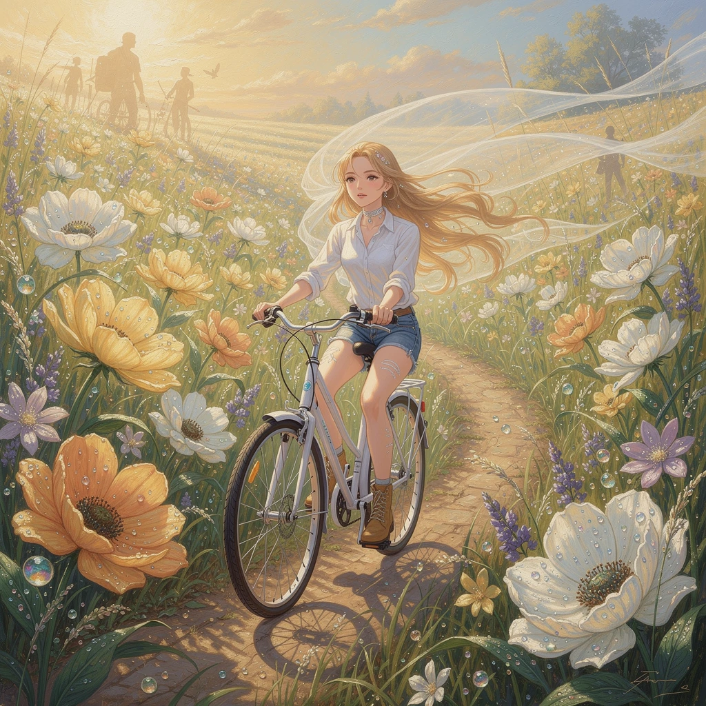 This oil painting image shows a surrealistic scene: a beautiful woman with long blonde wavy hair, wearing a nice white shirt, a jeans shorts and stylish booties, is riding a bicycle on a path along a meadow full of beautiful flowers and high grasses