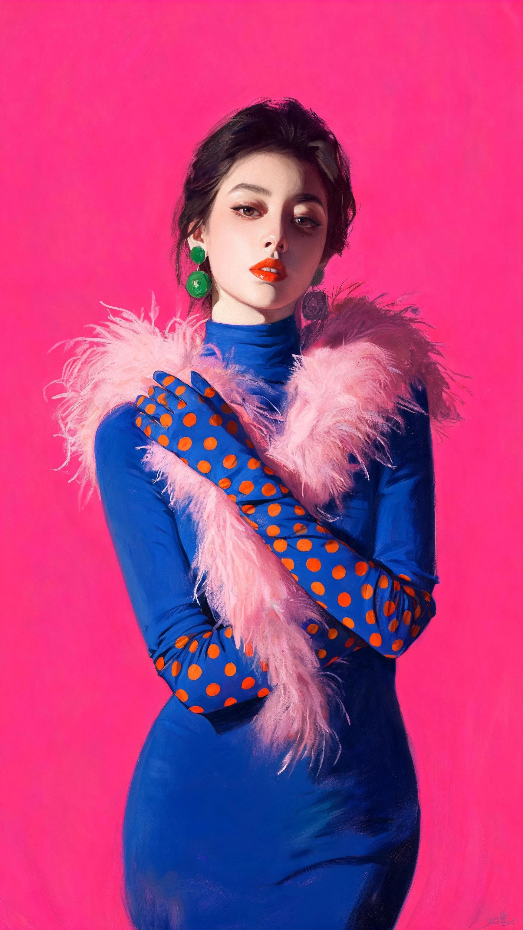 Cinematic Oil painting of an elegant vogue model with coral lipstick on wearing a cobalt blue turtleneck dress with long cobalt blue and orange polka