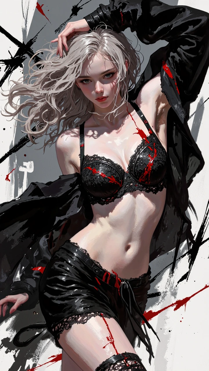 a highly detailed digital illustration in a dark, gothic style, the subject is a young woman with pale skin and long, wavy grey hair that cascades over her shoulders, she has a slender, toned torso and is wearing a black lace bra that accentuates her