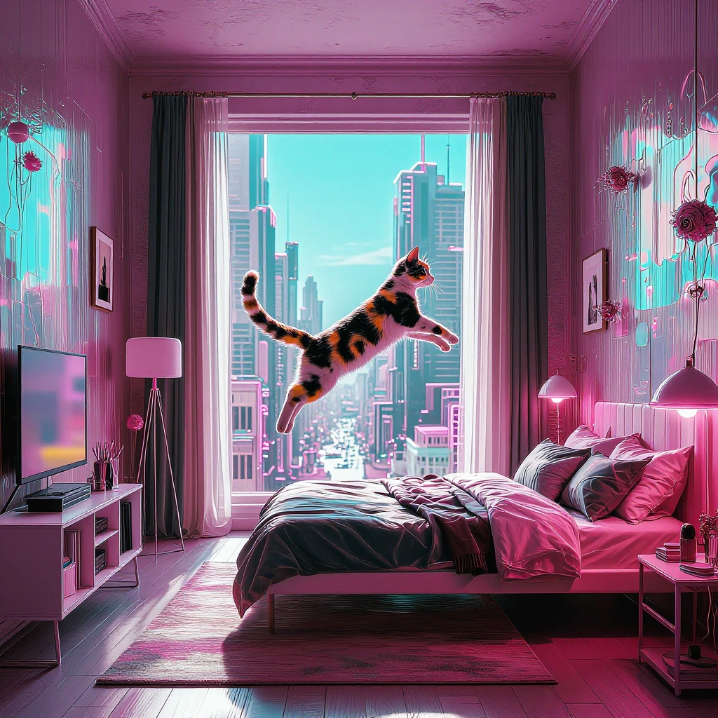 Maximalist colorful 2099 bedroom with prismatic walls, a playful calico cat mid-jump between holographic furniture pieces, commanding view of a cyberpunk landscape with magenta and turquoise lighting
