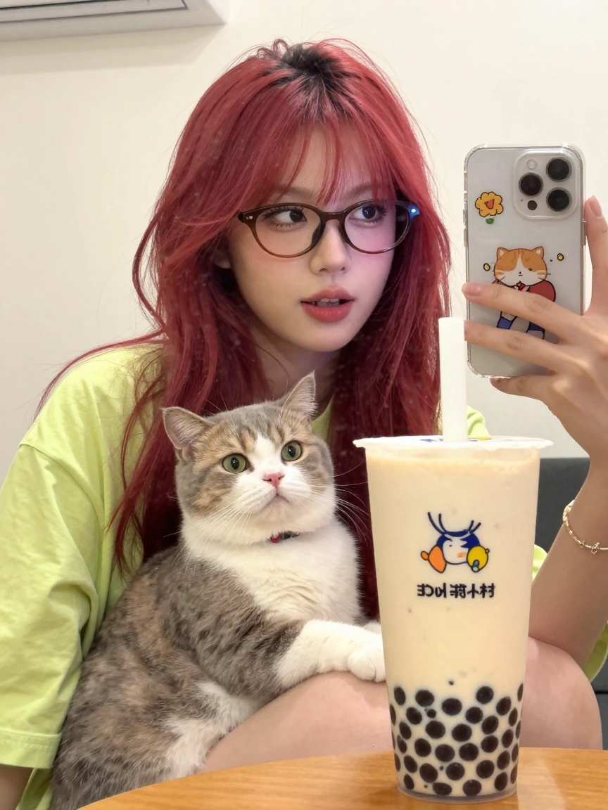 Crazy girlfriend, taking a selfie with her cat and drinking a fancy Boba drink. Very colorful.