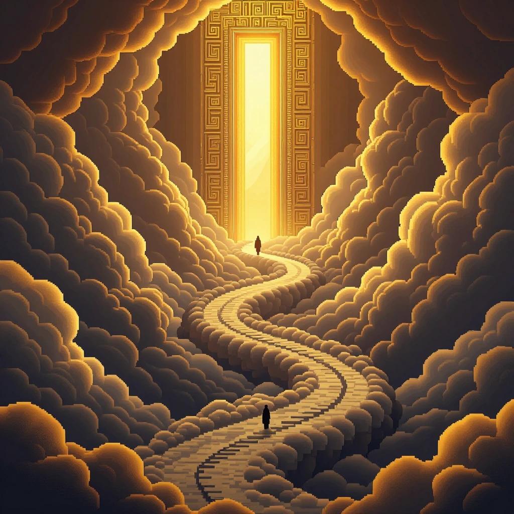 An awe-inspiring, ethereal 16-bit pixel art illustration of a divine fantasy realm. In the center, a deep, winding canyon formed entirely out of volum
