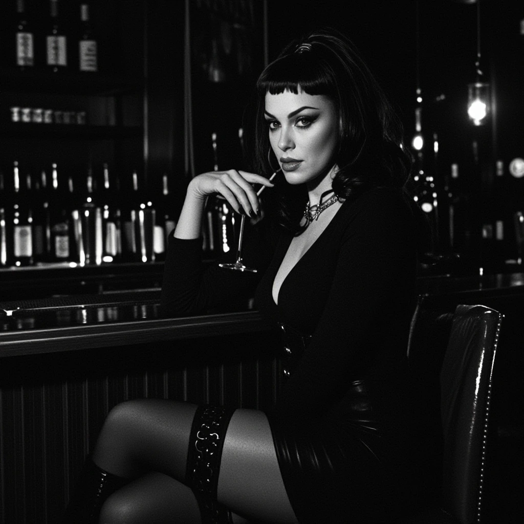 Portray a femme fatale sitting in a dimly lit bar as a still from a Neo-Noir film. Emphasize moody atmospheres with grainy textures and soft lighting. The scene should be primarily in black and white, enhanced by minimalistic usage of ruby red and eb