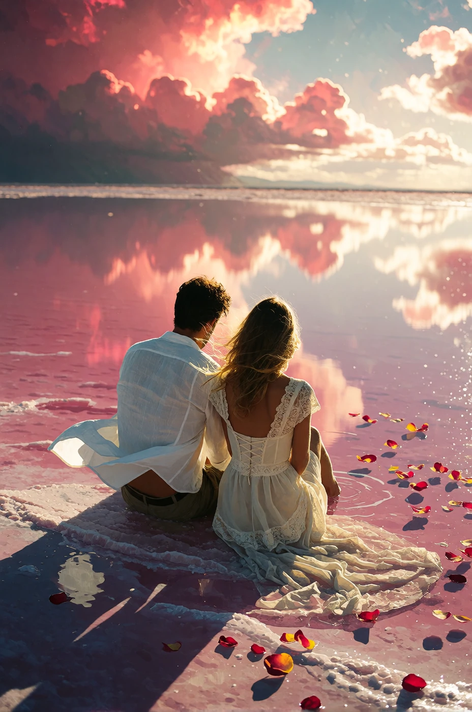 A man and woman in their thirties sit at the edge of a flooded salt flat, seen from behind, figures small in frame. Vast pink sky reflected perfectly 