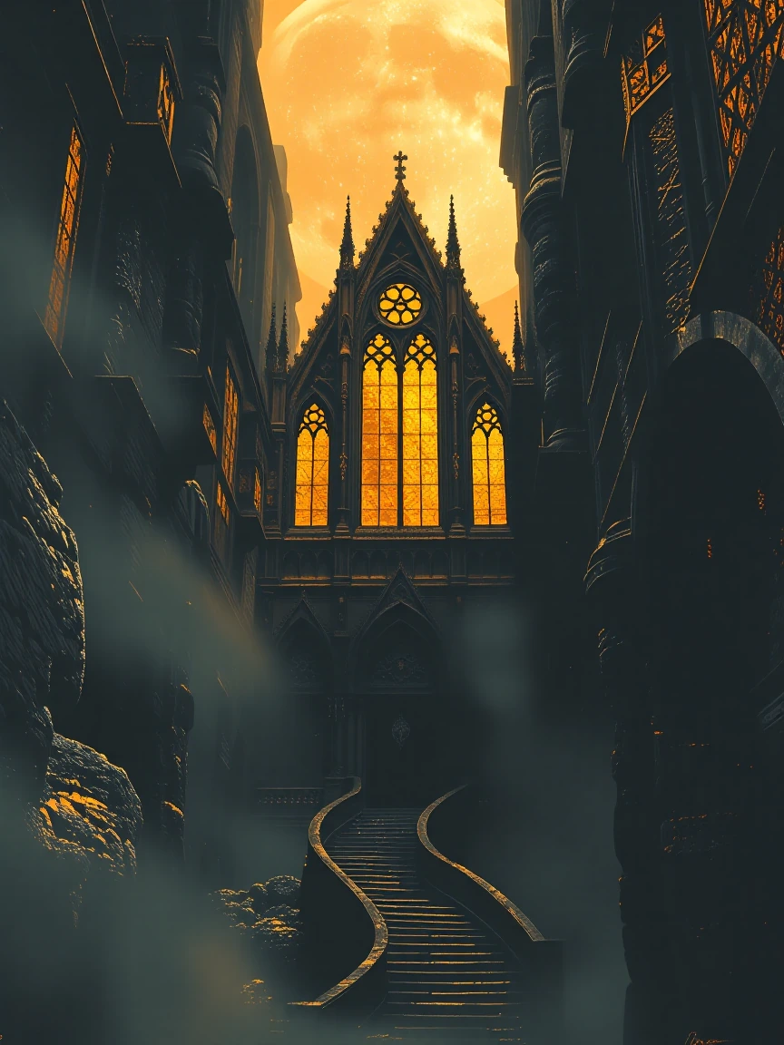 An original dark fantasy masterpiece on a deep matte obsidian black textured canvas. Luxurious antique metallic gold leaf accents and warm burnished gold illumination. Restrained color palette using only deep obsidian black, charcoal, graphite, and a