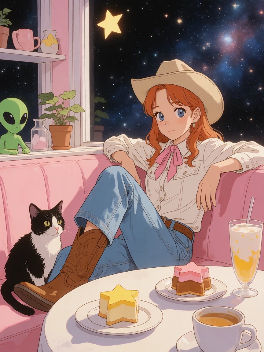 retro anime illustration of an original pink-accented cowgirl relaxing in a dreamy café floating through deep space, seated by a huge panoramic window with her cute black cat curled on her lap, oversized cowboy hat tilted back, blush pink silk scarf,