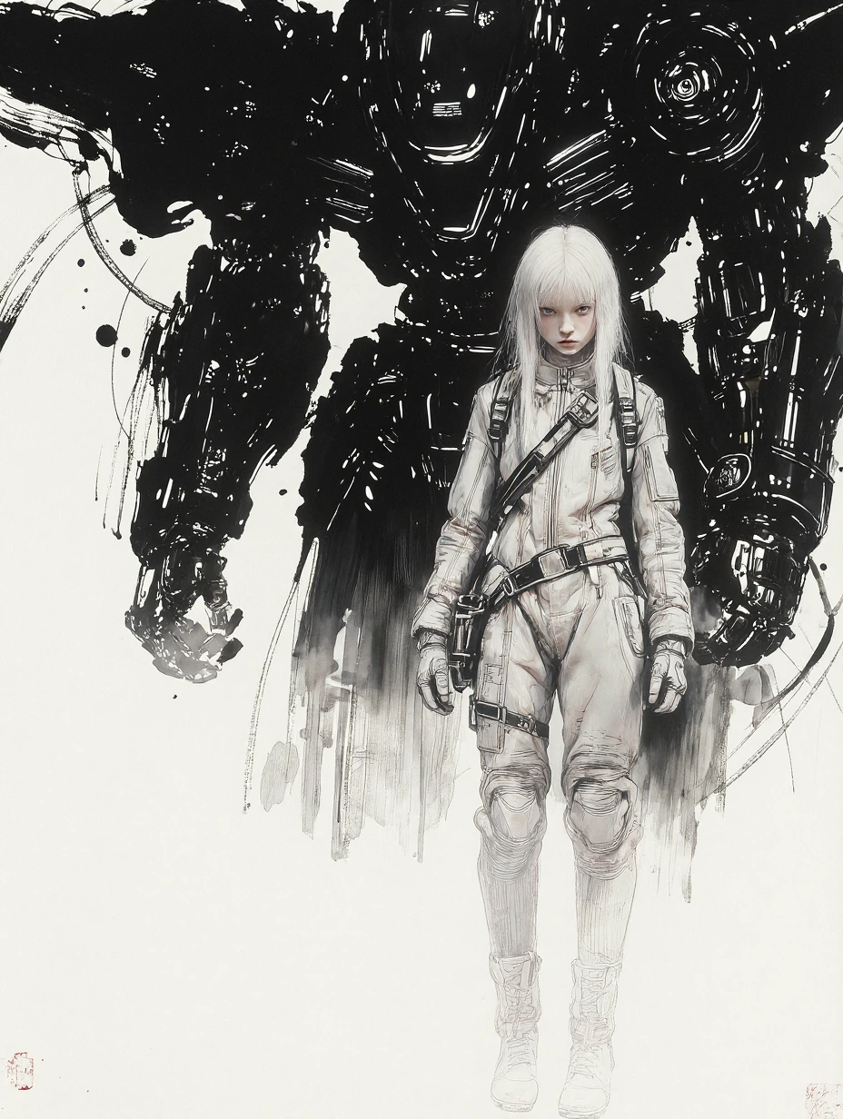 albino young teen female cyberpunk pilot standing in front of er giant mecha, innocent, white skin, pale skin, blue eyes, long white hair, inside a da