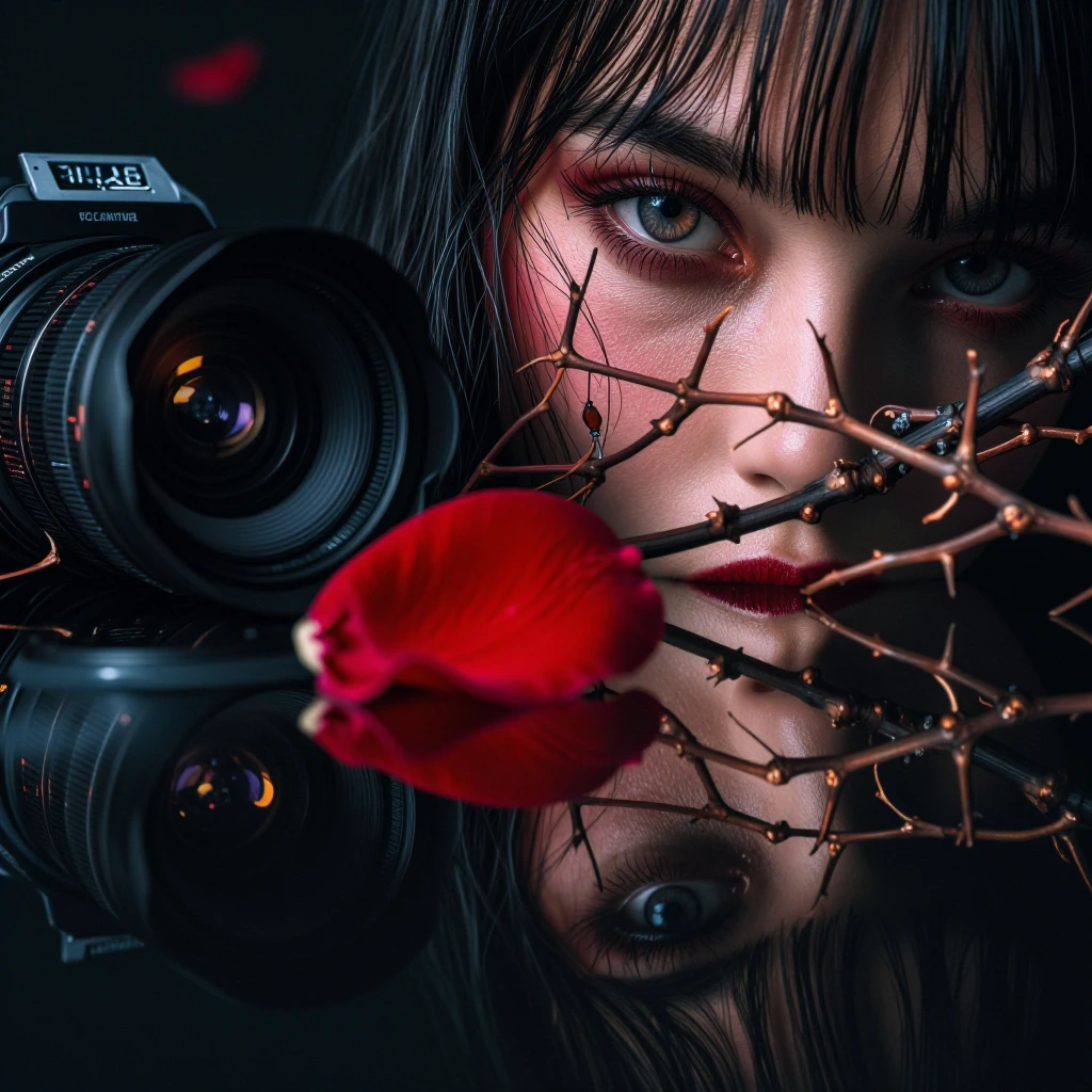 The time of reflexion "Crowned with brambles, I dwell in silence, Where frost embraces the darkness. In the heart of my night, a single defiance: This crimson petal, a remnant of my beauty. Do not touch the blood that nourished it, For every thorn is