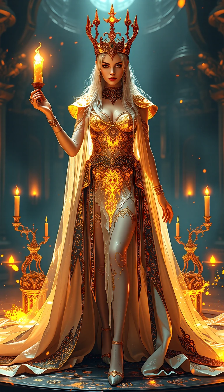 A stunning, full-body, ultra-detailed render of a majestic queen standing in a bold, powerful pose, holding a candle. The candle wax is molten gold texture, appearing to flow dynamically like liquid energy. Her attire is crafted from iridescent, shim