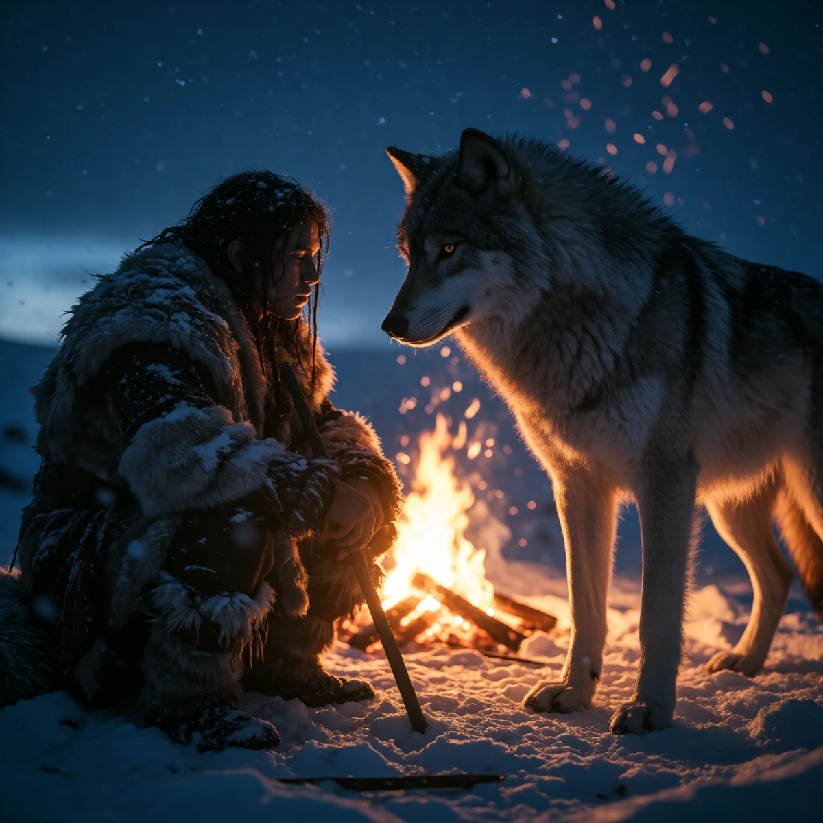 Cinematographic shot: a young prehistoric man and a huge ancestral wolf; their first connection; a frozen tundra at dusk; heavy snow; the dying glow of a campfire, gleaming amber eyes, rough animal hides, mud, soot, long, distorted shadows, a dramati