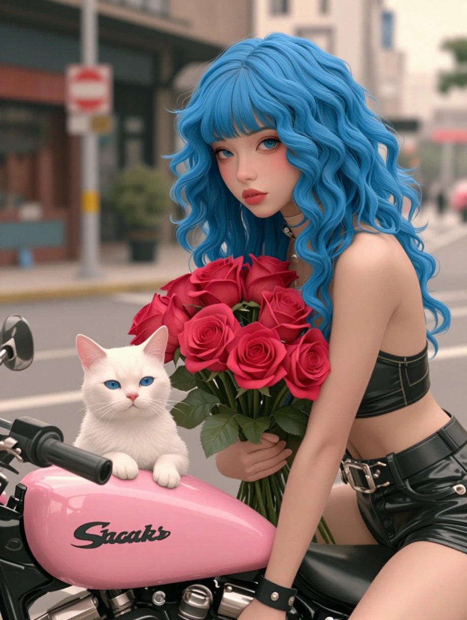 Woman bright blue hair, roses, punk, cat nearby, pink Harley, city life