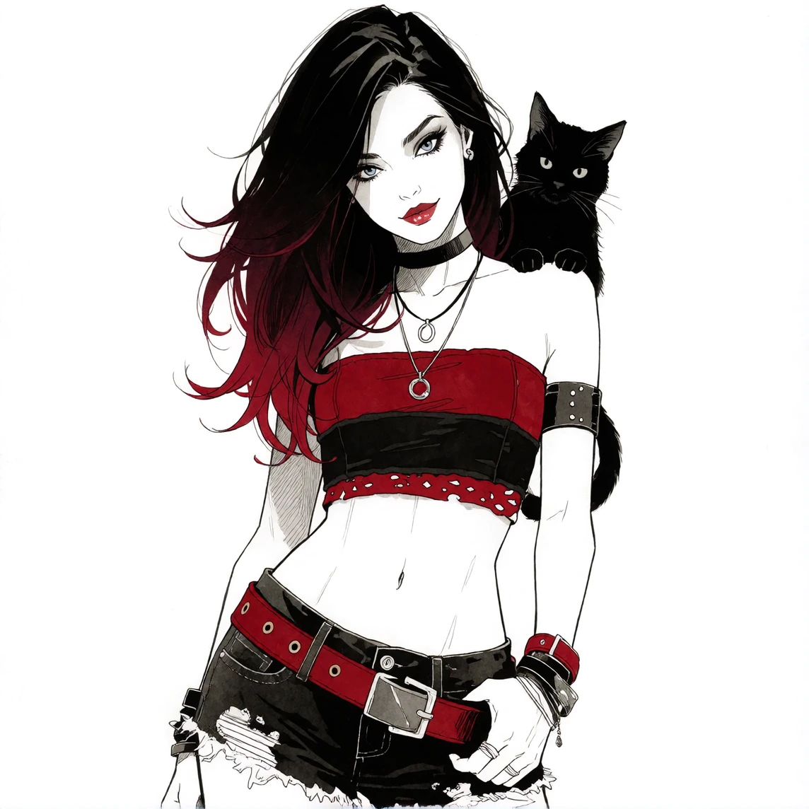 Beautiful woman black red ombre hair, cat on shoulder, red black jean cutoffs and red black tube top, India ink