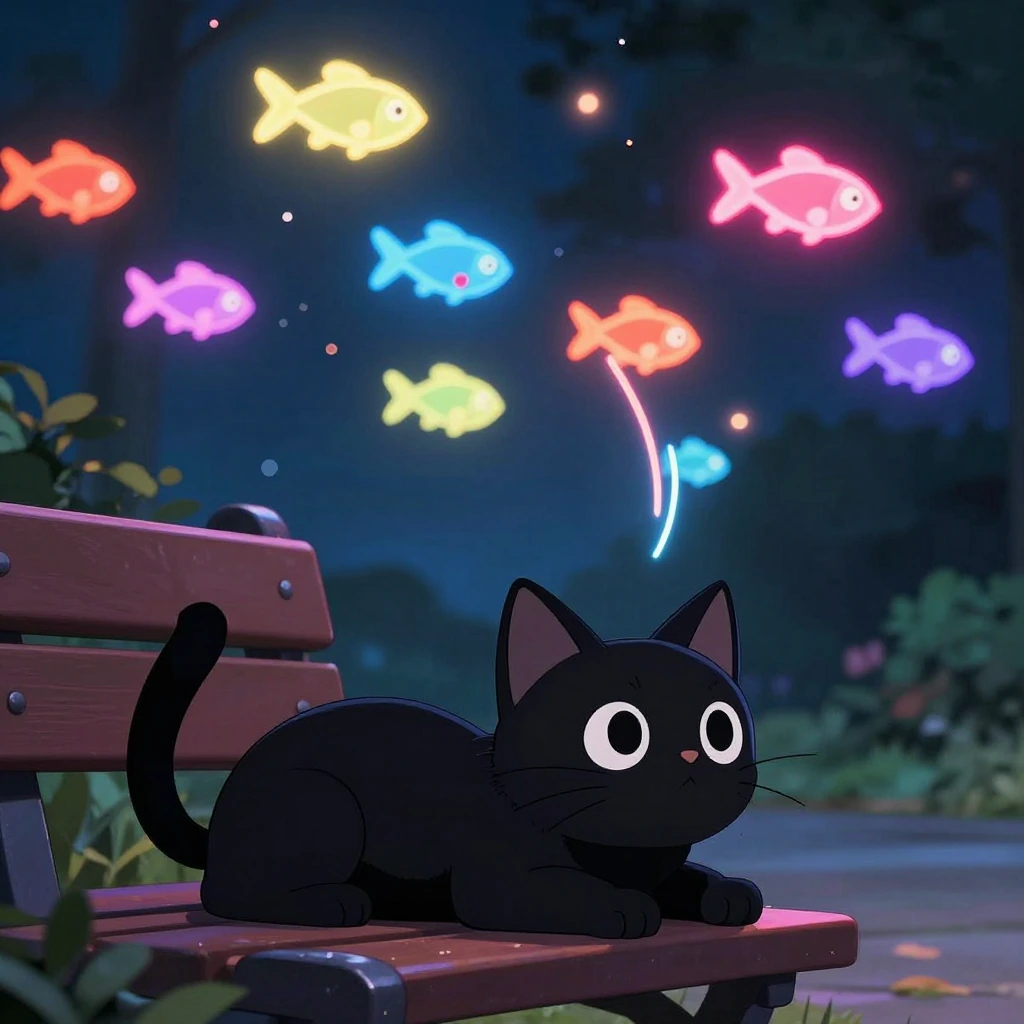 Professional photograph, close-up, highly artistic style, detailed black chibi anime cat lying under a park bench, watching with big awestruck eyes. neon streaks of colored lights drawn in the air with highlights in the shape of simple anime fish sha